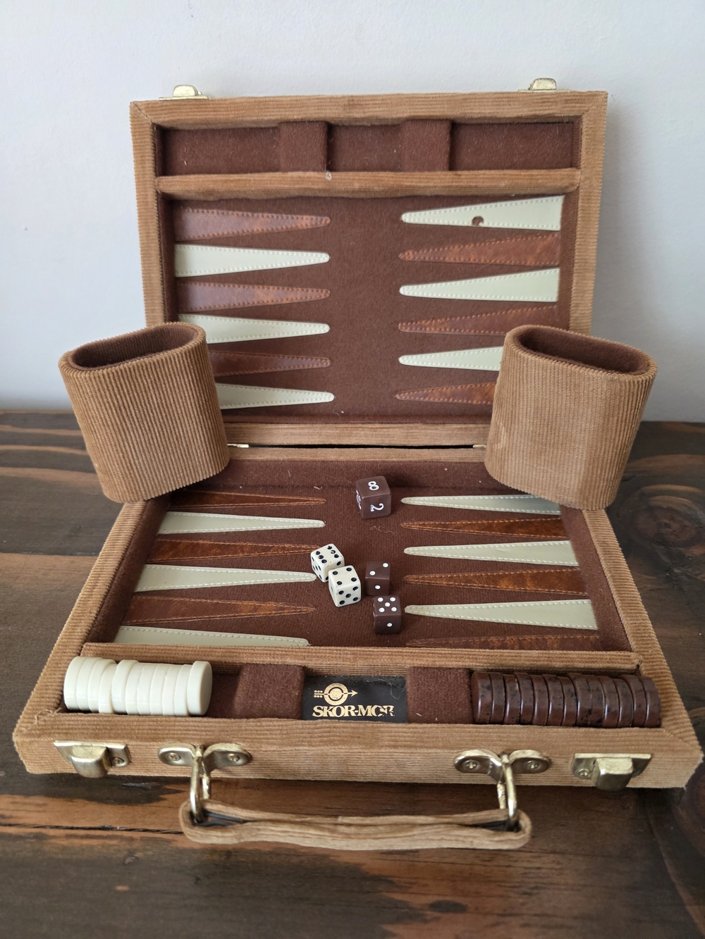 Brown Corduroy Backgammon Set with Dice and Chips